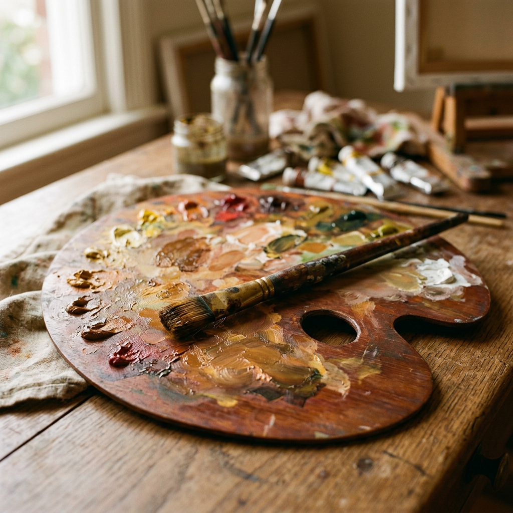 Wooden artist palette with various oil paint colors and a paintbrush on a wooden table